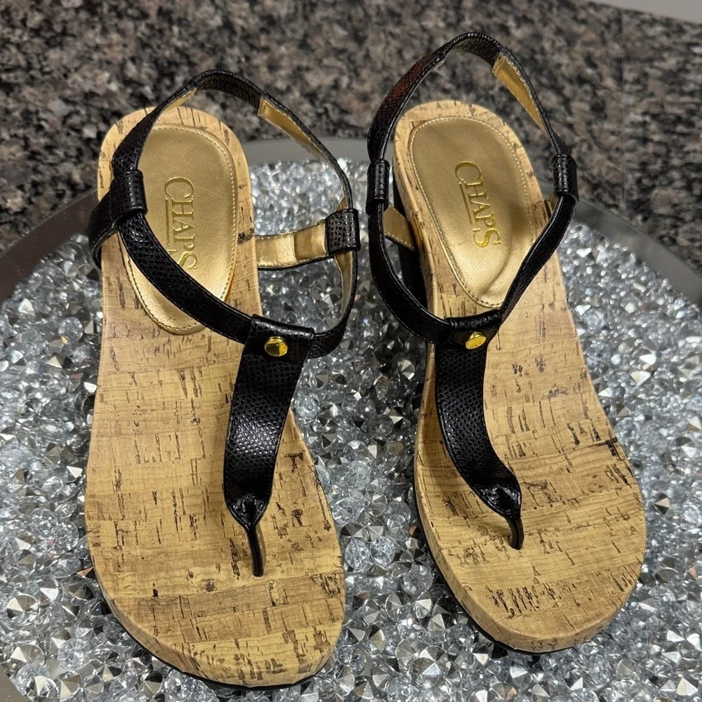 Chaps Raevyn thong Black Cork Wedge Sandals EUC 7.5